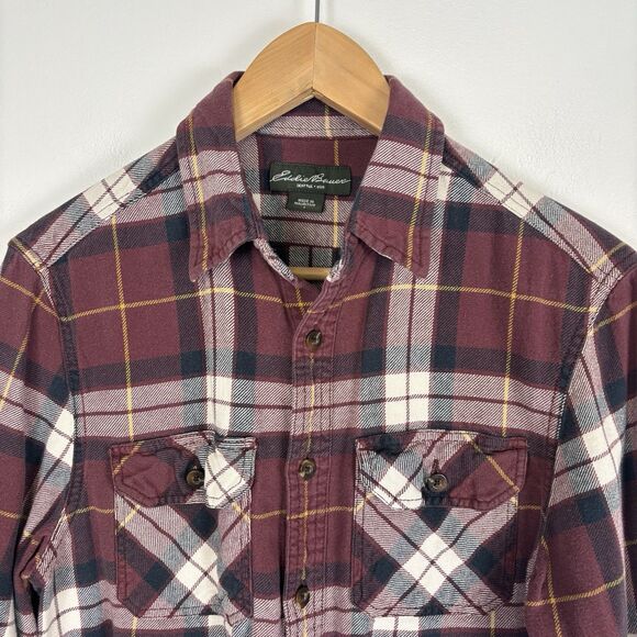 Eddie Bauer Mens Small Thick Cotton Plaid Button Up Shirt Burgundy White - Picture 1 of 6